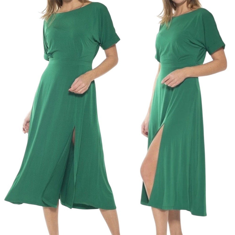New Alexia Admor‎ Women's Grass Green Midi Dress Slit Casual Elegant Size XS